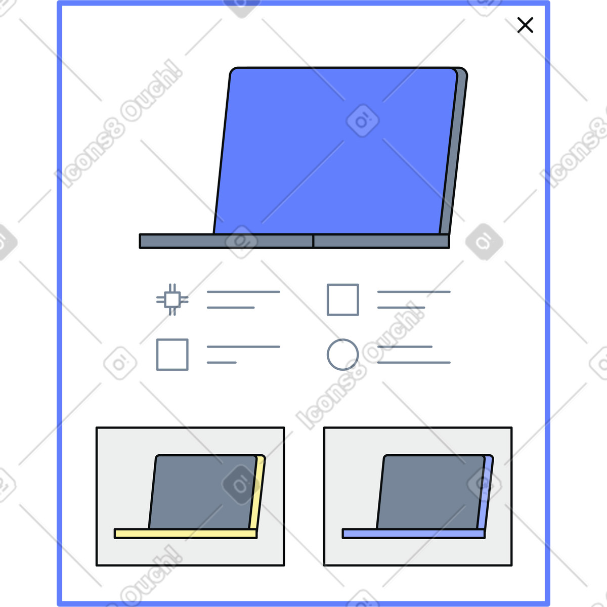 Illustration Page de détail d'un ordinateur portable commerce électronique avec spécifications et choix couleurs dans le style Teko à télécharger aux formats PNG, SVG