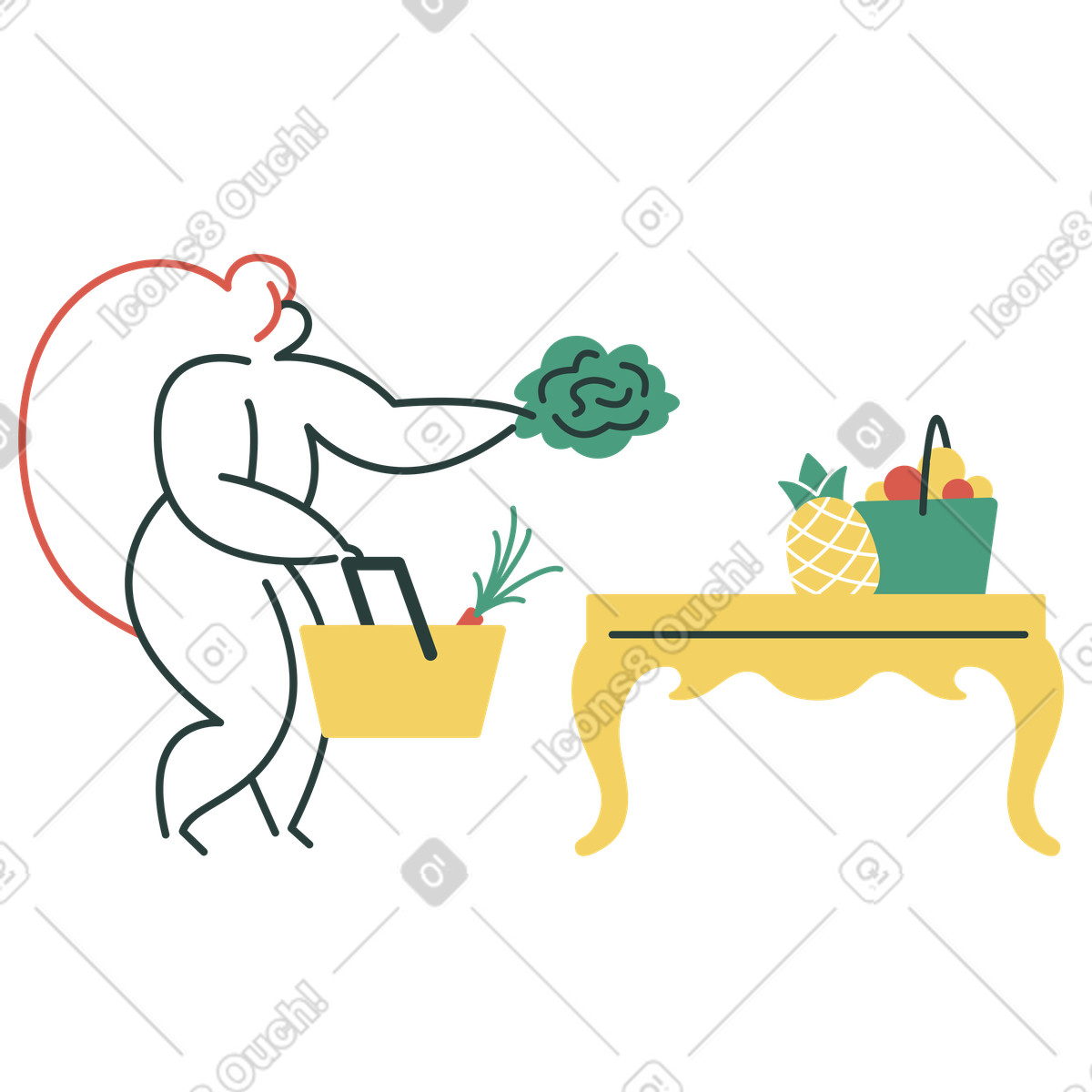 Illustration Une femme sort des aliments sains d'un panier de courses dans le style Macaroni à télécharger aux formats PNG, SVG