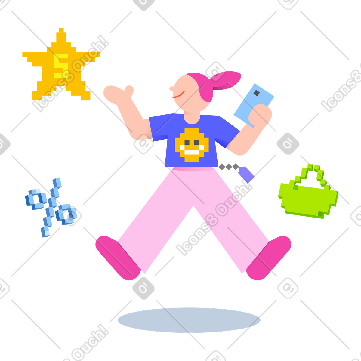 Woman shopping online on phone animated illustration in 8bit style download in GIF, Lottie (JSON), AE