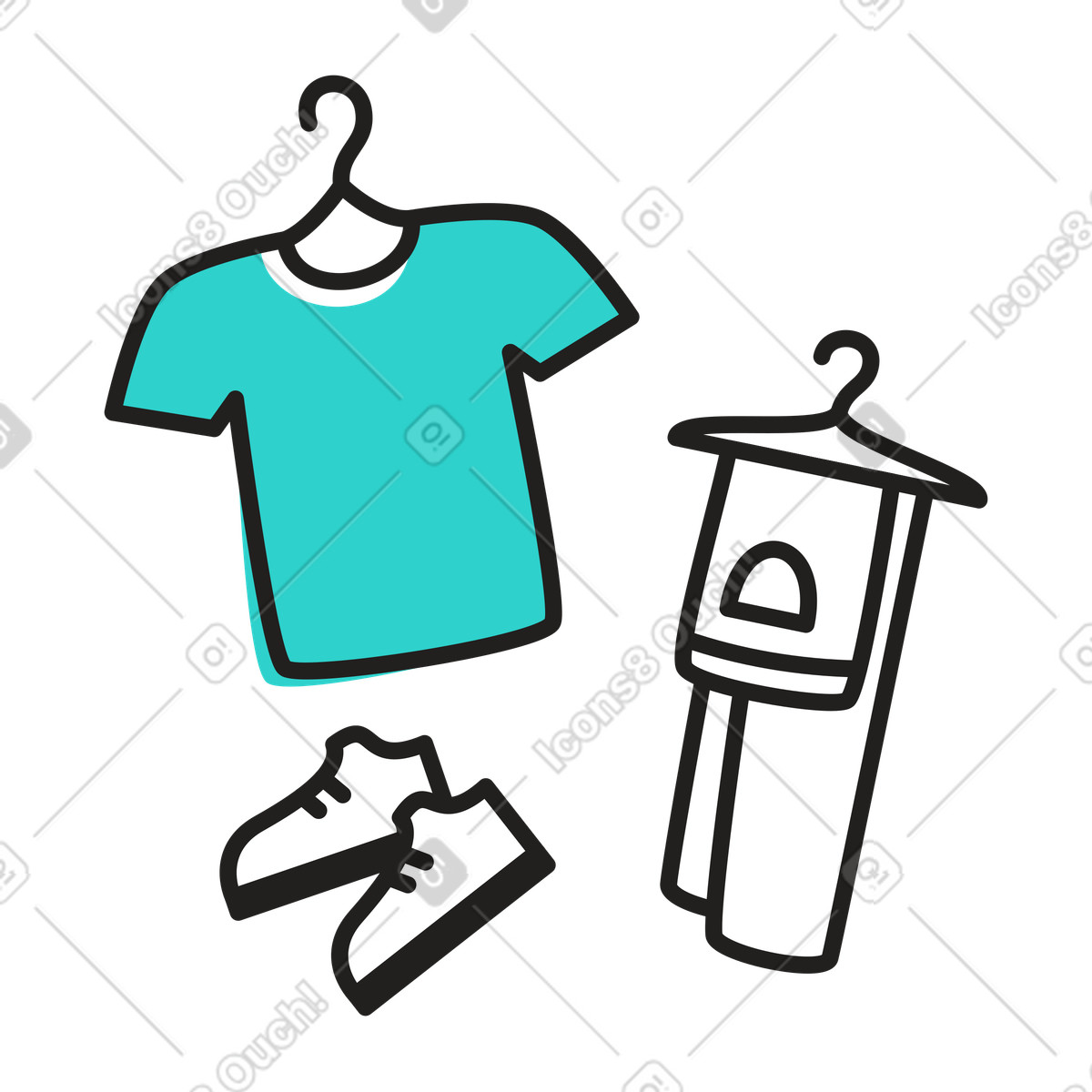 Ilustração de Roupas casuais em cabides com tênis no estilo Little para baixar PNG, SVG