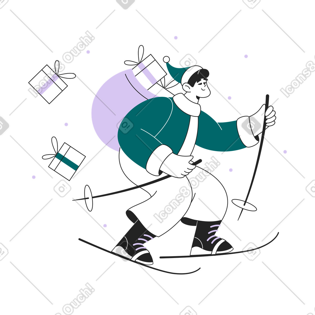 L'uomo di natale offre regali sugli sci illustrazione in stile Sammy Line scarica in PNG, SVG