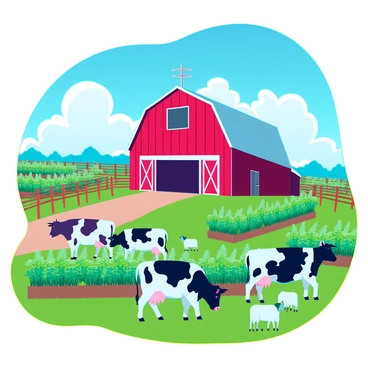 A sunny farm scene with a clear blue sky and bright sunlight illuminating the landscape. In the foreground, several cows are grazing on lush green grass, and a few sheep are scattered nearby. Rows of vibrant green crops are growing in the fields, showcasing a variety of vegetables and grains. A large, red barn stands prominently in the background, with white trim and a weather vane on top, surrounded by a split-rail fence.