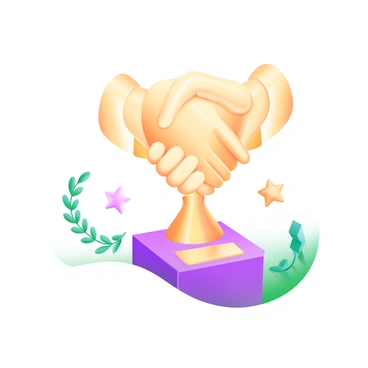 A golden trophy shaped like a "handshake" stands prominently on a polished wooden base. The trophy gleams under the light, showcasing intricate details on the handshake design. The wooden base has a smooth, rich texture, emphasizing the trophy's luxury. Surrounding the base are delicate decorative elements, such as small stars and laurels, enhancing the sense of achievement represented by the trophy.