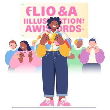 A joyful artist with dark skin and curly hair is standing with a trophy in their hands at the V&A Illustration Awards. They are wearing a colorful, patterned shirt and dark jeans. The background features a large banner that reads "V&A Illustration Awards" in bold letters. There are several people in the background applauding and smiling, showcasing a sense of celebration. The artist’s face is lit up with a bright smile, and the trophy glimmers in the light, highlighting the achievement.
