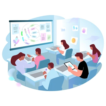 A group of students is seated at desks in a specialized classroom, each focused on their individual laptops. Some students are sketching on tablets, while others are discussing their projects with peers. The classroom is filled with animated posters on the walls, showcasing various animation techniques. A whiteboard at the front displays a diagram of the animation process, with colorful markers used to illustrate key concepts. A large window allows natural light to flood the room, creating a vibrant and inviting atmosphere for creativity.