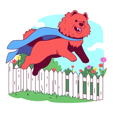A red chow chow wearing a bright blue superhero cape is leaping over a small wooden fence in a backyard. The chow chow is mid-air with its legs extended, showing off its fluffy mane flowing behind it. The fence is painted white and is surrounded by green grass. In the background, there are a few colorful flowers blooming and a blue sky visible above.