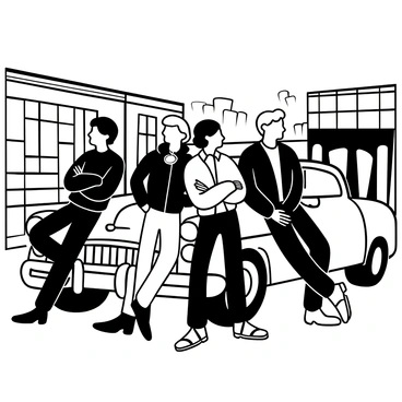 A group of 'greasers' leaning against a vintage car. Each greaser wears a leather jacket and denim jeans, exhibiting a sense of camaraderie. The vintage car is classic in design, showcasing shiny chrome details and rounded edges. The greasers position themselves casually, with some crossing their arms, while others have their hands in their pockets. The background includes a hint of an urban setting, with brick walls and alleyways visible in the distance.