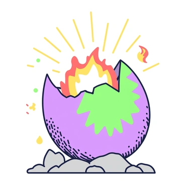 A large phoenix egg is resting on a rocky surface, with intricate patterns etched into its shell. The egg is partially cracked open, with sharp edges revealing a radiant, fiery light spilling out from within. This light illuminates the surrounding area with warm glows of orange and red. The cracks radiate outward, showcasing the vivid contrast between the dark exterior of the egg and the bright, glowing interior. Small embers float in the air around the egg, adding to the scene's dynamic energy.