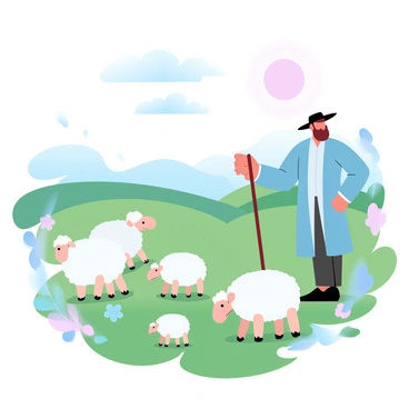 A shepherd is wearing a wide-brimmed hat and a long coat while holding a staff. He is surrounded by a flock of fluffy white sheep grazing on the lush, green grass. The meadow is filled with wildflowers in various pastel colors. In the background, there are gentle rolling hills under a clear sky with a few soft clouds. The sun casts a warm light over the scene, enhancing the vibrant hues of the meadow.