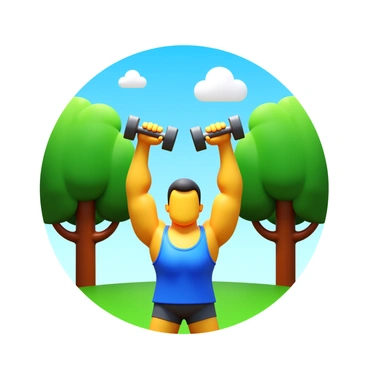 A person performing a "dumbbell shoulder press" with both arms raised above their head. The person has an athletic build and is wearing "workout gear" consisting of a "tank top" and "shorts." The scene is set in a "sunny park" where "large green trees" can be seen in the background, providing shade. There is a "blue sky" overhead with a few fluffy clouds. The grass is lush and green, creating a vibrant environment for the exercise. The person appears focused and determined as they lift the dumbbells.
