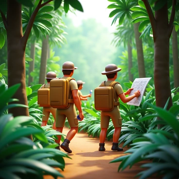 A group of explorers trekking through a dense jungle. They are equipped with backpacks and wearing khaki clothing. One explorer is using a compass while another is examining a detailed map. The environment is rich with tall trees, vibrant green foliage, and various tropical plants. Sunlight filters through the canopy, casting dappled shadows on the forest floor. The explorers are focused on their task, marking their route with care.