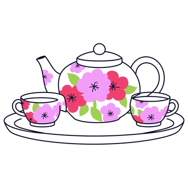 A tea set featuring a rounded teapot and matching cups. The teapot has a smooth, glossy surface, showcasing vibrant painted carnations in various shades of pink and red. The cups are similarly decorated, each displaying a delicate arrangement of the same floral design. The teapot has a curved spout and a handle that seamlessly blends into its body. The entire set is placed on a white tablecloth, highlighting the intricate details of the floral patterns.
