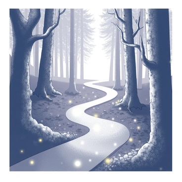A winding path through a mystical forest, with ethereal lights and mist