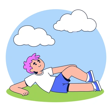 A slowboy lying on green grass, with his arms stretched out and a relaxed expression. Above him, fluffy white clouds float across a bright blue sky. Sunlight bathes the scene, creating soft shadows on the ground. The slowboy has tousled hair and is wearing a simple t-shirt and shorts. His gaze is directed upwards, observing the clouds as they change shape.
