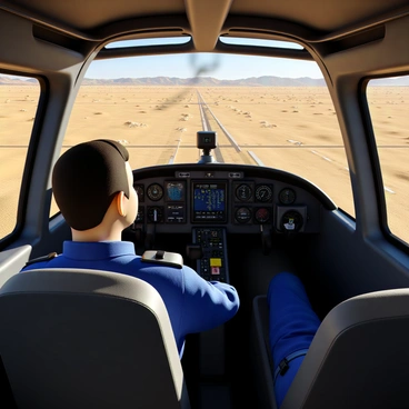 A pilot in a blue flight suit sits in the cockpit of a small aircraft. The cockpit is equipped with various controls and instruments, displaying dials and screens that show flight data. Outside the windshield, a vast desert landscape stretches out, with golden sands and scattered occasional dunes. The aircraft is positioned above a rugged desert runway, marked by lines and signs indicating the landing zone. The pilot’s expression is focused and determined as they prepare for the simulated emergency landing. Sunlight casts shadows in the cockpit, highlighting the pilot's features and the details of the controls.