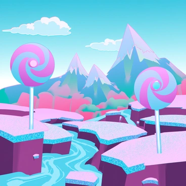 A vibrant landscape made entirely of candy, featuring giant lollipops in various colors sprouting from the ground. The hills are shaped like marshmallows, coated in sparkling sugar crystals that reflect light. Rivers of flowing chocolate wind through the terrain, with candy canes lining the banks. Cotton candy clouds drift in a bright blue sky, casting colorful shadows on the ground below. Gumdrop mountains rise majestically in the background, each peak a different hue. The scene is bursting with an array of vivid, eye-popping colors, creating an enchanting, sweet-filled world.