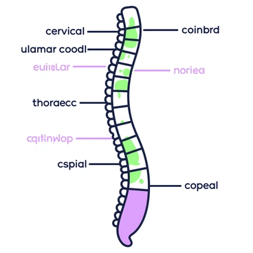 A detailed medical diagram of the spinal cord is presented. The spinal cord is illustrated vertically in the center, with a series of vertebrae depicted surrounding it. Key parts of the spinal cord are labeled prominently, including "cervical," "thoracic," "lumbar," "sacral," and "coccygeal." Arrows connect the labels to their corresponding sections of the spinal cord. Alongside the diagram, there are additional annotations such as "spinal nerves" branching out from the spinal cord, each labeled respectively. The overall composition is clear and structured, focusing on the educational aspects of spinal anatomy.