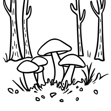 A cluster of mushrooms with delicate caps is scattered across a forest floor. Each mushroom is covered with a light dusting of frost, which glimmers as the frost catches the light. Surrounding the mushrooms are patches of frost-covered leaves and twigs, creating a contrasting texture against the soft shapes of the mushrooms. Tall, bare trees rise in the background, their trunks etched with the patterns of bark. The ground is blanketed with a thin layer of frost, giving the entire scene a crisp, wintry feel.
