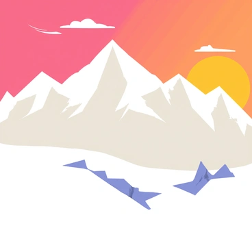 A snowy mountain peak with a smooth, white surface glistening in the early morning light. The sun is just rising on the horizon, casting warm orange and pink hues across the sky. Silhouetted against the vibrant sky are sharp, jagged mountain ranges that stretch into the distance. A few wispy clouds drift lazily above, reflecting the dawn colors. The foreground features patches of rocky terrain peeking through the snow, adding texture to the scene.
