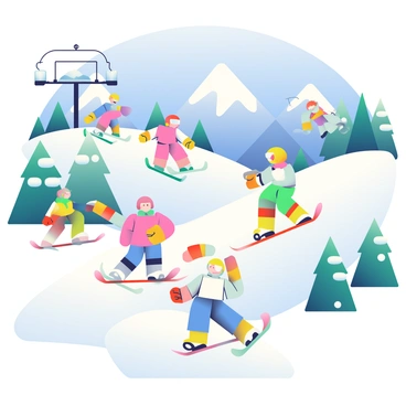 A ski resort scene is depicted with several enzymes represented as anthropomorphic figures skiing down pathways that resemble snowy slopes. The enzymes have vibrant colors, each distinctively designed to showcase their unique characteristics. The metabolic pathways twist and turn like ski trails, with white snow covering the ground. In the background, majestic snow-capped mountains rise under a clear blue sky. Ski lifts can be seen transporting more enzymes to the top of the slopes, while a few engage in playful skiing tricks. Pine trees dusted with snow line the sides of the pathways, creating a lively winter atmosphere.