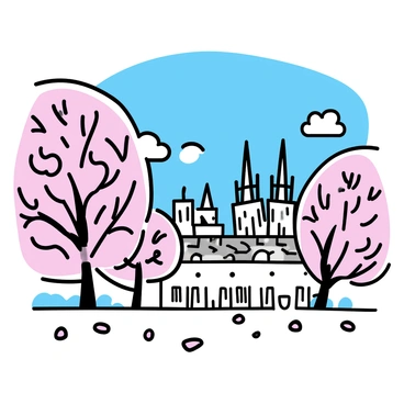 A view of "Notre Dame" with its iconic pointed towers and intricate facade. The scene is filled with "blooming cherry blossoms," showcasing clusters of soft pink flowers on branches. The sky is clear and blue, allowing sunlight to illuminate the architectural details of the cathedral. The ground is scattered with fallen pink petals, creating a delicate carpet beneath the trees.