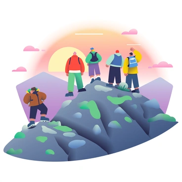 A group of four hikers is standing on top of a mountain, gazing at the vibrant sunset. The hikers are wearing colorful outdoor gear; one has a red jacket, another is in a blue vest, a third is wearing a green shirt, and the last is in a yellow coat. The sky is filled with shades of orange, pink, and purple as the sun sets on the horizon. Below the summit, a fifth hiker is climbing up the rocky terrain, dressed in a brown jacket and black pants, with a backpack secured on their back. The mountain is rugged with patches of grass and scattered rocks, creating a dramatic landscape.