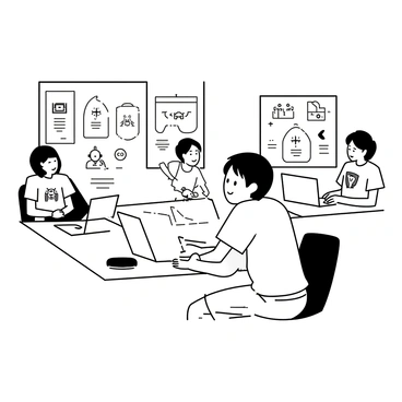 A teenager sitting at a table, focused on coding on a laptop. The teenager has short hair and is wearing a graphic t-shirt and jeans. The workspace is filled with various tech gadgets like a mouse and a notebook. Around the teenager are several posters on the walls displaying tech-related themes and concepts, featuring illustrations of computers, robots, and coding symbols. Other participants are visible in the background, each working on their own laptops and engaging in discussions.