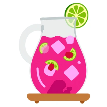 A clear glass pitcher filled with vibrant pink raspberry limeade. The drink is ice-cold, with large ice cubes floating throughout. Slices of bright green lime are placed on the rim of the pitcher, with additional lime slices visible within the drink. A few fresh raspberries are scattered on the surface, adding pops of red color. The pitcher sits on a wooden table, with reflections of the light bouncing off its smooth surface.