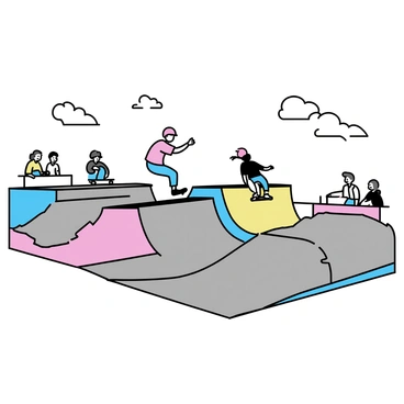 A vibrant skatepark featuring multiple ramps and rails in various colors. Skateboarders are performing tricks, with one mid-air doing a kickflip above a blue ramp. Another skateboarder is grinding along a rail, wearing a red helmet and a black shirt. The scene has a bright sky with a few fluffy clouds, and the ground is made of gray concrete. Spectators are scattered around, some sitting on benches, while others are standing along the edges, watching the action.