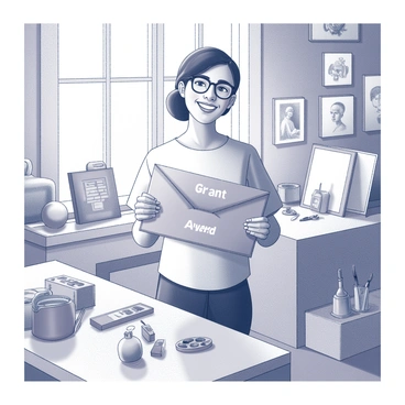 An artist with a broad smile holds an envelope in their hands, displaying the words "Grant Award" prominently on the front. The artist is surrounded by an assortment of paintings, sketches, and sculptures that populate the cozy studio space. Light streams in through a window, casting soft shadows on the floor. Various paintbrushes and palettes are scattered across a table, reflecting the artist's creative process. The walls are adorned with framed artwork, showcasing the artist's diverse styles and inspirations.