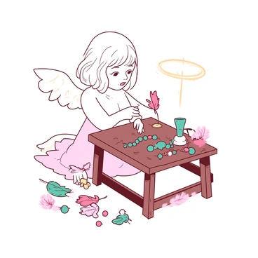 A white angel with glowing wings is sitting gracefully at a small wooden table. The angel is focused on creating delicate ornaments, carefully stringing together colorful beads and soft feathers. The table is adorned with various beads in shades of pink and teal, while scattered feathers of different sizes and colors surround the angel. The angel's serene expression reflects concentration, as she holds a delicate feather in one hand and a small beading tool in the other. Above the table, the soft light creates a warm atmosphere, illuminating the intricate details of the ornaments being crafted.