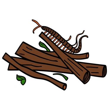 A detailed centipede with many legs crawling across a textured pile of fallen tree branches. The centipede has a long, segmented body with a shiny exoskeleton, displaying a mix of dark brown and orange hues. The branches are varied in size and shape, some rough with bark while others are smooth and slender. The scene captures the intricate details of the centipede's movement as it navigates the uneven terrain of the woodpile.