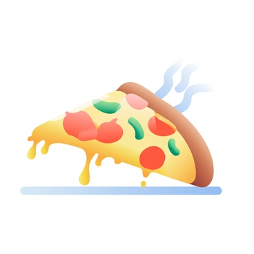 A steaming hot pizza slice with a golden-brown crust is positioned at the center of the image. The slice has a generous layer of melted cheese that is stretching from the crust, creating a gooey effect. A bite has been taken out of the slice, revealing toppings of pepperoni and bell peppers. The surface of the cheese is glistening, and small droplets of steam are rising above it, emphasizing its heat. The background is blurred to keep the focus on the delicious pizza slice.