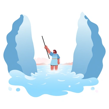 A figure is standing with a staff raised high, commanding the parted waters of the Red Sea. Towering walls of water rise on either side, creating a dramatic pathway through the sea. The scene is illuminated by a soft glow, highlighting the shimmering surface of the water. In the background, a distant shoreline can be seen, hinting at the journey ahead. The atmosphere is filled with a sense of movement as waves gently lap at the edges of the parted sea.