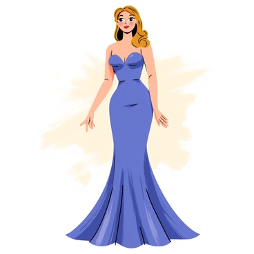 A glamorous actress with long, wavy hair styled elegantly stands confidently. She is wearing a flowing satin gown that shimmers with a deep blue hue and features a form-fitting silhouette. The gown has a sweetheart neckline and a long train that drapes gracefully on the floor. The actress has a subtle smile on her face, and her makeup is classic, highlighting her bright red lips and perfectly defined eyes. She is posed in front of a soft-focus backdrop that suggests an upscale event, with hints of golden light reflecting off her gown.