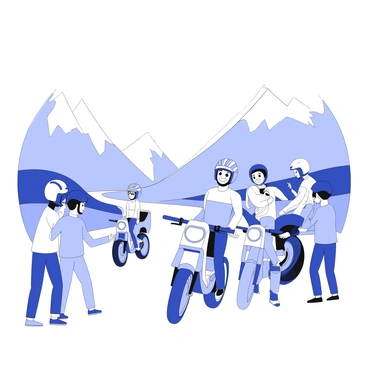 A group of friends is riding Bajaj bikes along a winding road, surrounded by tall mountains. Each friend wears a helmet and casual riding gear, showcasing different colors and styles. The bikes are sleek and modern, with intricate details visible on the helmets and bike designs. The road is lined with greenery and the sky is clear, revealing distant peaks. The friends are smiling and interacting with each other, capturing the sense of adventure and camaraderie. In the foreground, the bikes are parked, with one friend taking a photo of the group, while others are pointing towards the scenery.