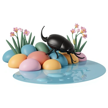A "Hercules beetle" with a shiny black body and prominent curved horn is climbing over "colorful pebbles" in various shades of red, blue, green, and yellow. The pebbles are smooth and shiny, nestled on the bank of a clear "stream" that reflects the surrounding light. The "stream" flows gently, with small ripples creating a tranquil effect. The background features "lush green foliage" and vibrant wildflowers, creating a lively natural environment. The scene captures the intricate details of the beetle's exoskeleton as it navigates the terrain.
