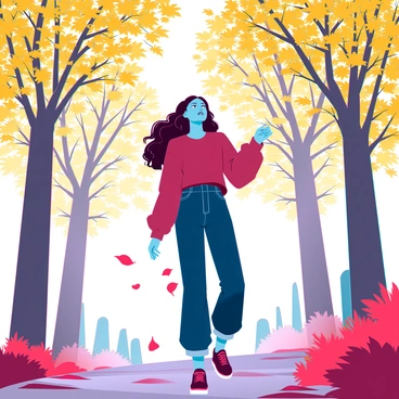 A young woman with medium skin and long, wavy brown hair is walking along a winding path in a forest filled with golden leaves. She is wearing a cozy, oversized sweater in earthy tones and dark jeans. The trees surrounding her have branches adorned with vibrant yellow and orange foliage, creating a bright canopy overhead. Sunlight filters through the leaves, casting dappled shadows on the ground. The woman is looking up, admiring the colors of the leaves as a gentle breeze lifts some leaves from the ground, swirling them around her.