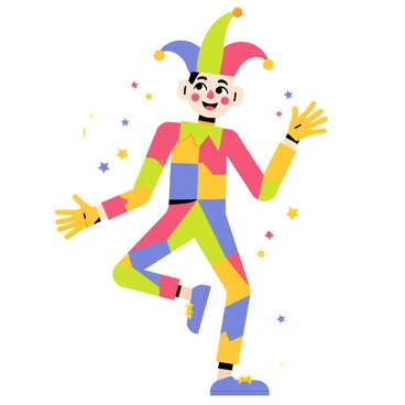 A jester composed of colorful mosaic tiles in a whimsical pose