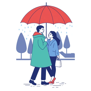 Two figures are standing closely together under a large red umbrella, which shelters them from the gentle rain. One figure, wearing a teal raincoat, has their head tilted slightly, looking at the other person with a friendly expression. The second figure is dressed in a blue jacket and is holding a small white bag in their hand. Raindrops are visible as they fall from the umbrella's edges, creating small splashes on the ground. The background features blurred silhouettes of trees, indicating a park setting.