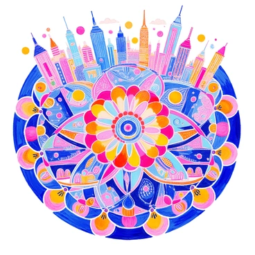 A mandala is formed by intricate patterns and shapes that repeat symmetrically around a central point. The design incorporates elements from a bustling city skyline, featuring stylized buildings with varying heights and architectural details. Skyscrapers with large windows and antennas are interspersed with smaller structures, creating a dynamic composition. The mandala includes elements such as bridges and trees, along with circular patterns symbolizing the sun and moon. The overall piece bursts with detail, drawing the eye into its complexity.