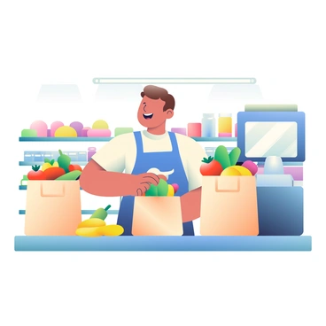 A grocery bagger with light skin and short brown hair is cheerfully placing fresh produce into reusable bags at a supermarket checkout. The bagger is wearing a blue apron with the supermarket's logo. In the foreground, there are various colorful fruits and vegetables, including red tomatoes, green cucumbers, and yellow bananas, being carefully arranged into the bags. Behind the bagger, there are shelves filled with more groceries and a register displaying a digital screen. Bright overhead lights illuminate the scene, creating a lively atmosphere in the supermarket.