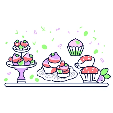 A dessert table is set up with an assortment of strawberry treats. In the center, there are several tarts filled with fresh strawberries and cream, each sitting on a delicate lace doily. To the left, a tiered stand displays an array of cupcakes topped with bright pink strawberry frosting and small edible decorations. On the right, a selection of pies showcases glossy strawberry filling, some with woven crusts and others with a smooth surface. The table is adorned with small green accents, including decorative leaves and tiny green sprinkles scattered around the desserts.