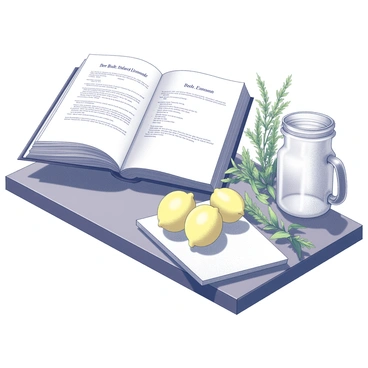 An open cookbook rests on a wooden table, displaying a recipe titled "Bee Balm-Infused Lemonade" on its pages. Next to the cookbook, there are fresh ingredients laid out, including bright yellow lemons, sprigs of green bee balm leaves, and a glass pitcher ready for preparation. The scene is organized, with a white cutting board underneath some of the ingredients, emphasizing a culinary environment. Light shadows cast by the items create a sense of depth and texture on the table surface.
