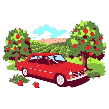 A car parked at an apple orchard during harvest time, with trees full of ripe apples