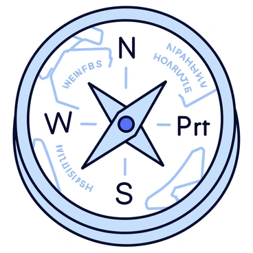 A round compass with a metallic finish. The compass has a glass cover, and the needle is pointing towards the north direction. Each of the four cardinal directions—north, south, east, and west—is labeled with bold text: "North" is marked with "Health Benefits," "South" with "Savings Plans," "East" with "Wellness Services," and "West" with "Support Resources." The background of the compass features a subtle map design to suggest navigation.