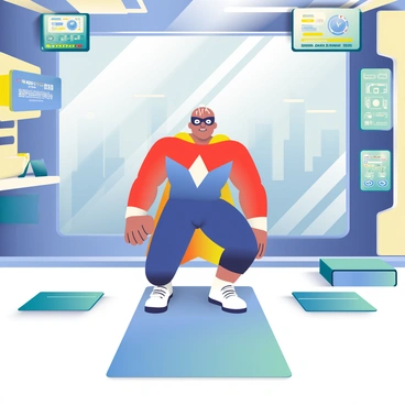 A superhero with a muscular build and wearing a fitted blue and red costume is performing a burpee in a secret lair. The lair features sleek, high-tech gadgets integrated into the walls, including illuminated screens displaying various data and a control panel filled with buttons and switches. The superhero's mask is partially lifted to reveal determined eyes, and sweat is glistening on their forehead as they concentrate on their workout. In the background, a large window shows a panoramic view of a city skyline, and a few exercise mats are laid out on the polished floor. The atmosphere is vibrant and dynamic, filled with the energy of training and technology.