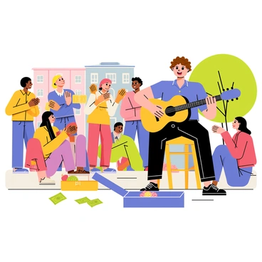 A street musician playing an acoustic guitar, sitting on a wooden stool. The musician has curly brown hair and is wearing a vibrant blue shirt. Around him, a captivated audience is gathered, with diverse individuals clapping and smiling. Some audience members are standing while others are sitting on the sidewalk, creating a lively scene. A small open guitar case lies on the ground in front of the musician, filled with coins and small bills. Colorful buildings and a tree can be seen in the background, adding to the urban atmosphere.