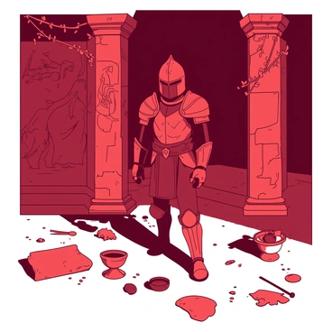 A red knight with glowing armor stands in the center of an ancient temple. The armor emits an eerie light that casts shadows on the stone walls adorned with faded carvings of battles and mythical creatures. The knight's helmet is intricately designed, with a fierce expression visible through the visor. Surrounding the knight, scattered relics and pieces of broken pottery lie on the temple floor, covered in dust. Vines creep up the stone pillars, adding a touch of nature to the crumbling architecture. The atmosphere is thick with an air of mystery, hinting at the knight's dark fate in this forsaken place.