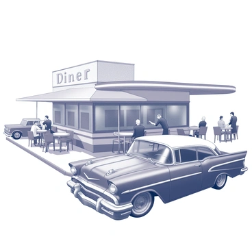 A classic green car parked beside a bustling 1950s diner